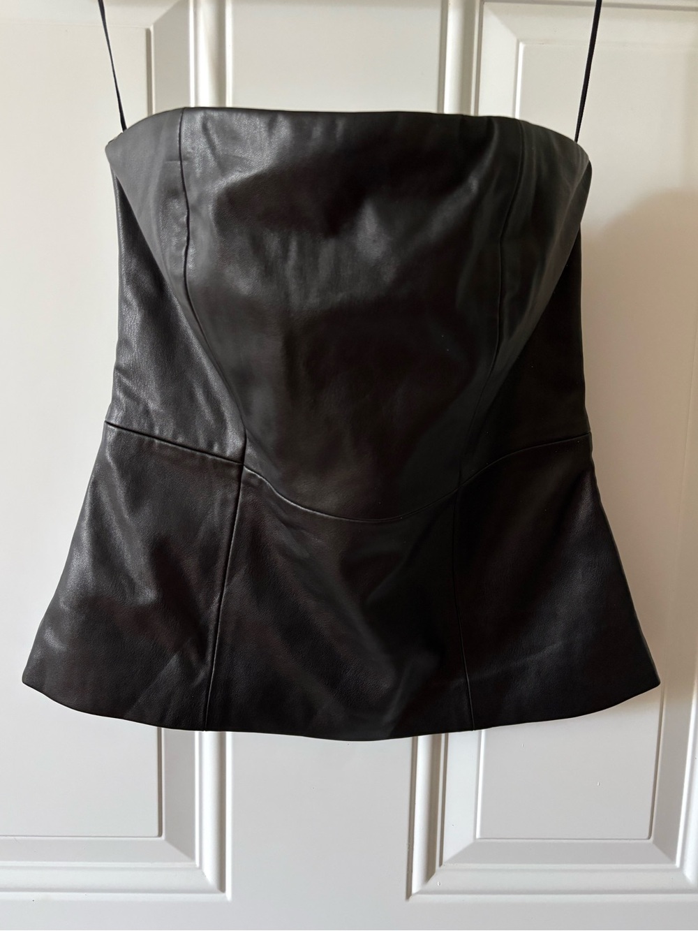 Women's Black Strapless Pleather Peplum Top